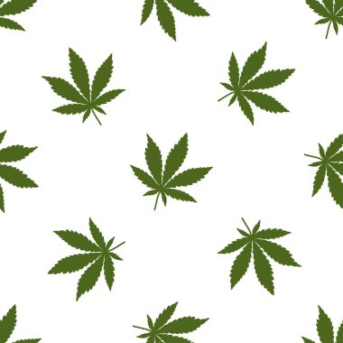 Beyaz arka planda kusursuz yeşil kenevir yaprakları. Marihuana yeşil yaprağı. Vektör illüstrasyonu.