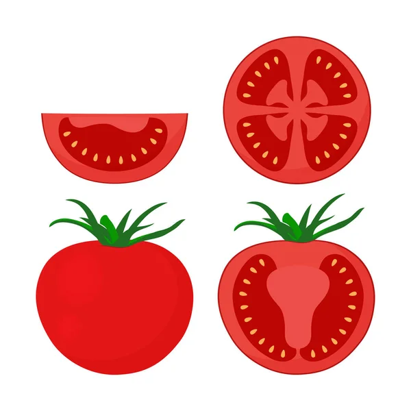 Set Mit Roter Tomate Isoliert Auf Weißem Hintergrund Ganze Halbe — Stockvektor