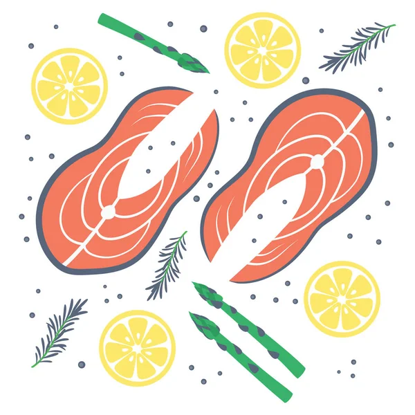 Beyaz Arka Planda Izole Edilmiş Somon Balığı Vektör Illüstrasyon Limonlu — Stok Vektör