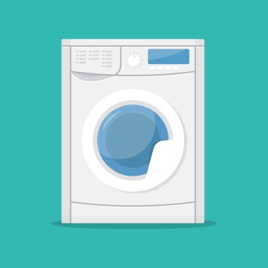 Çamaşır makinesi mavi arka planda izole edilmiş. Ön manzara, kapalı kapı. Çamaşır yıkıyorum. Vektör illüstrasyonu.