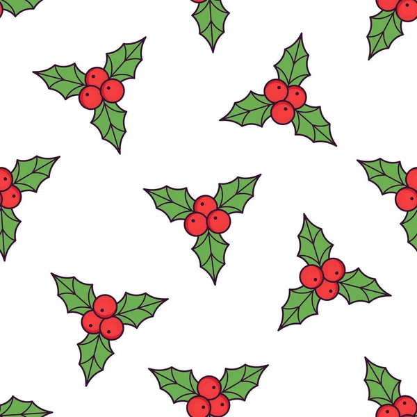 Рождественский Бесшовный Рисунок Омелой Холли Белом Фоне Бесшовный Фон Ягодами — стоковый вектор