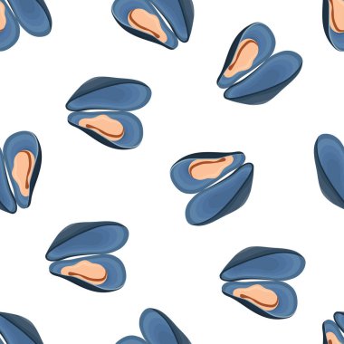 Beyaz arka planda izole edilmiş midyeler, vektör illüstrasyonu, taze çiğ yumuşakça.