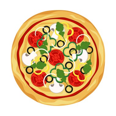 Domates, biber, roka, peynir, mantar, zeytin ve soğanlı taze pizza, geleneksel İtalyan fast food, vektör illüstrasyonu