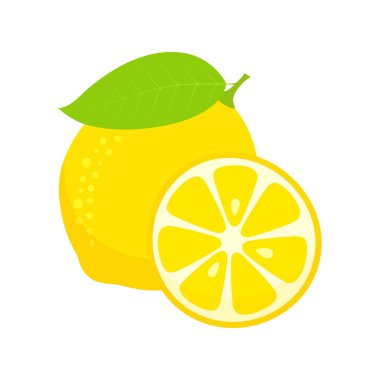 Limon ikonu vektörü, taze limon meyvesinin düz çizimi ve beyaz arka planda izole edilmiş dilim