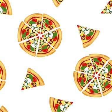 Pizzanın tamamı ve dilimleriyle kusursuz desen, fast food, beyaz arka planda izole edilmiş vektör illüstrasyonu