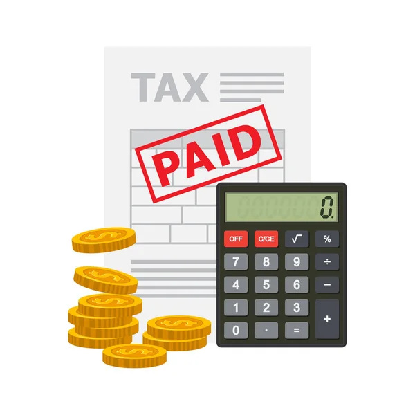 納税の概念 山の硬貨と計算機で支払われる税の文書 ベクターイラスト — ストックベクタ