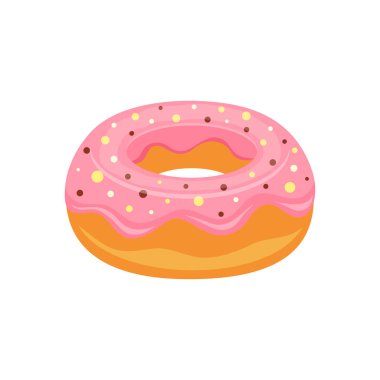 Pembe jöleli donut ve beyaz arka planda izole edilmiş renkli serpinti, vektör illüstrasyonu