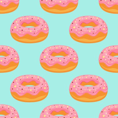 Mavi arka planda izole edilmiş pembe jöleli ve şekerli donutların vektörsüz deseni, jöleli hamur işi, lezzetli atıştırmalıklar, şeker yemek.