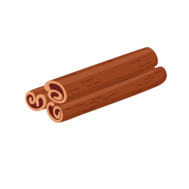 Beyaz arka planda izole edilmiş üç rulo tarçın çubuğu, aromatik baharat, yemekler için sos, düz vektör tasarımı.