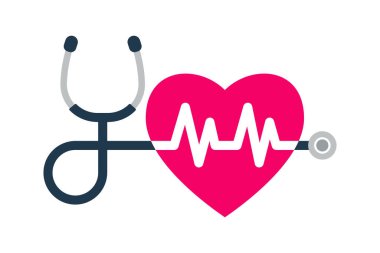 Stetoskop, kalp atışı işareti ve kalp silueti. Sağlık ve tıp sembolü. Beyaz arkaplanda izole edilmiş vektör illüstrasyonu.