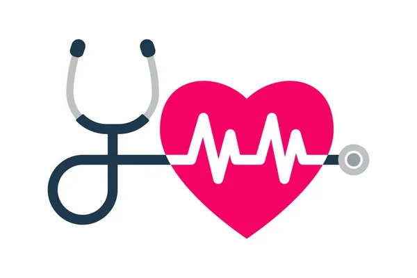 听诊器 心跳标志和心脏的轮廓 健康和医药的象征 在白色背景上孤立的矢量图解 — 图库矢量图片
