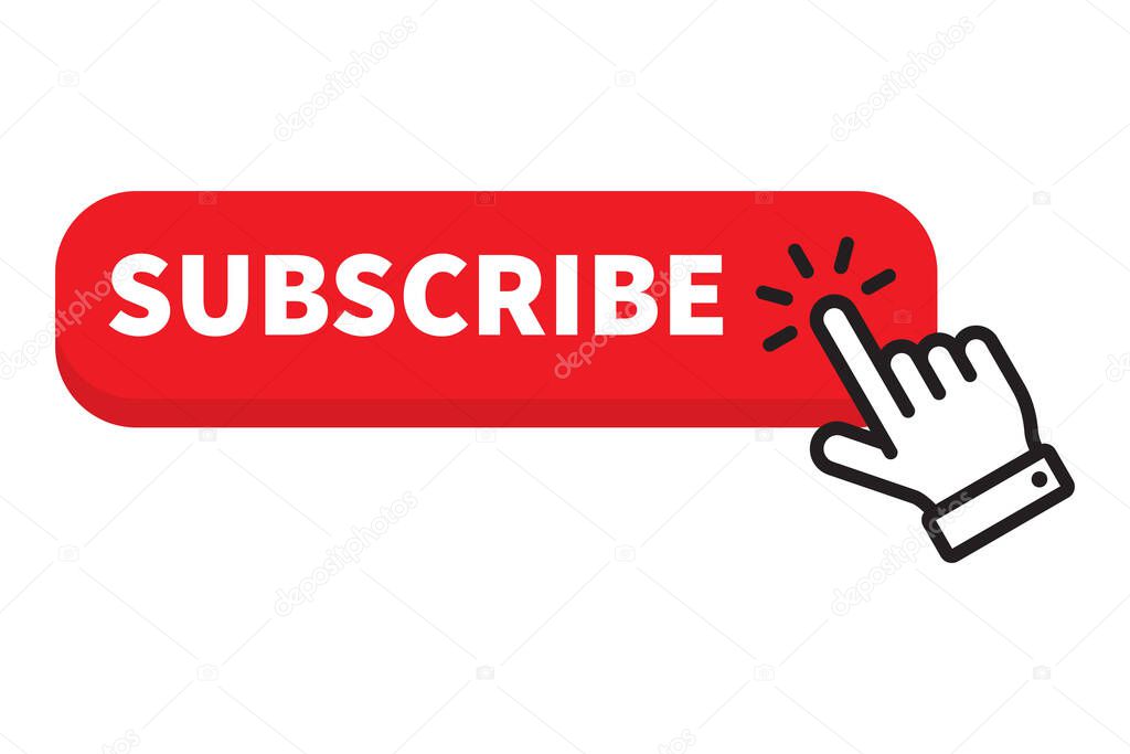 Red button subscribe and hand cursor. Subscribe to the channel. Blogging. Vector illustration Isolated on white background.