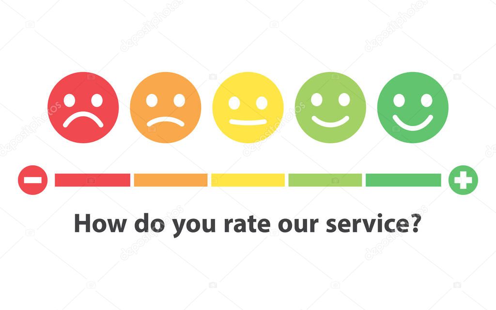 Rating satisfaction. Feedback in form of emotions. Excellent, good, normal, bad awful Vector illustration isolated on white background.