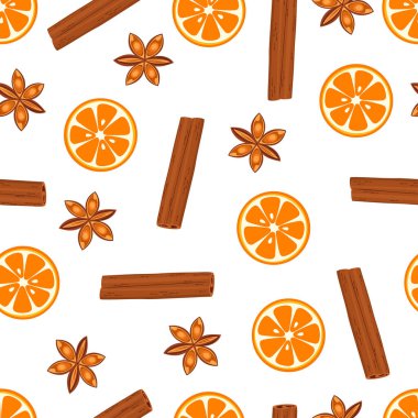 Beyaz zemin üzerinde turuncu, tarçın ve anason içeren parlak meyve deseni, taze meyve ve baharatlı modern illüstrasyon