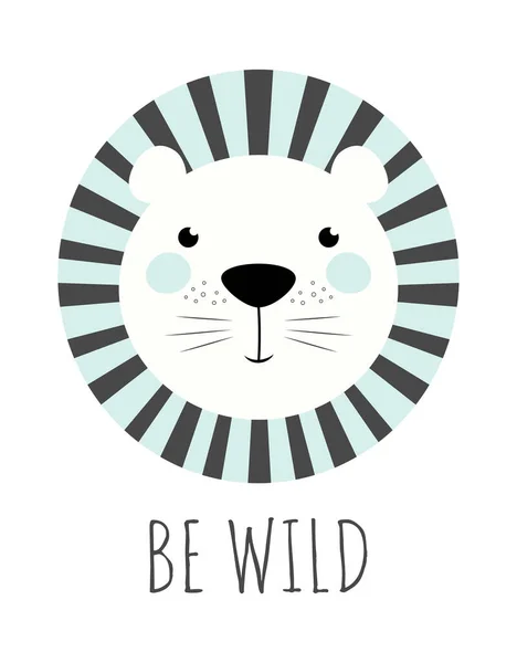 Vector Illustration Cute Funny Lion Face Lettering Wild Isolated White — Stock Vector