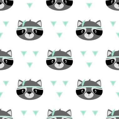 Beyaz tüylü, tüysüz rakun deseni. Hayvan ve karikatür çizimleri olan güzel Kızılderili arka planı.