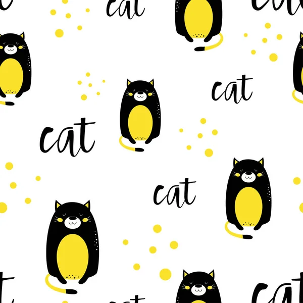 黒の黄色の猫の子供っぽいシームレスなパターン 流行のスカンディナヴィアのベクトル背景 任意のデザインのための印刷 — ストックベクタ