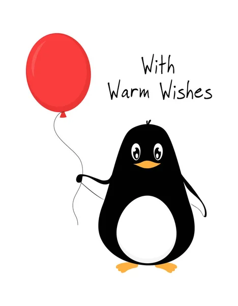 Greeting Card Adorable Penguin Baloon Lettering Warm Wishes Vector Illustration — Stock Vector