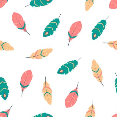 Beyaz arka planda izole edilmiş klasik renkli tüylere sahip şirin vektörsüz boho deseni, herhangi bir tasarım için vektör çizimi