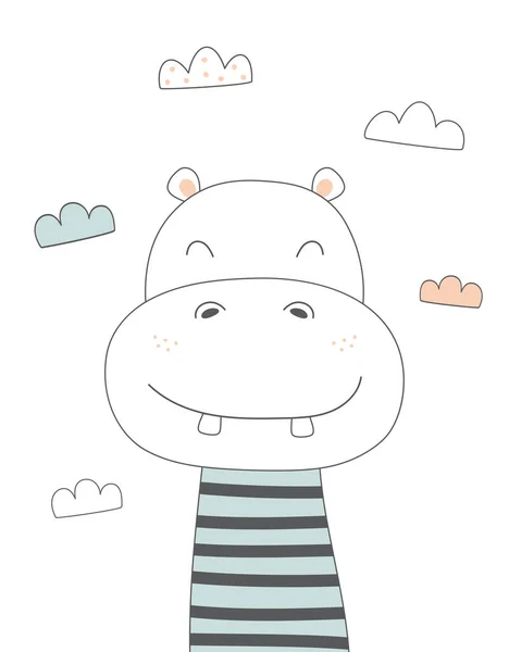 Imprimé Mignon Dans Style Scandinave Illustration Vectorielle Avec Adorable Hippopotame — Image vectorielle
