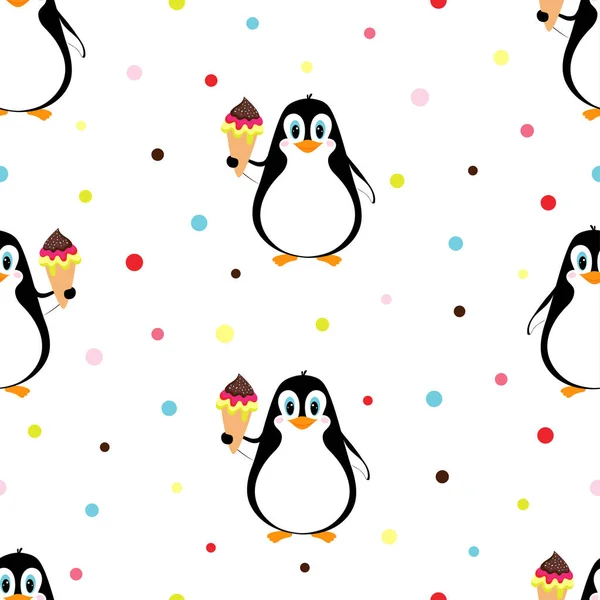 Pinguin Nahtloses Muster Lustiges Tier Mit Eis Auf Weißem Hintergrund — Stockvektor