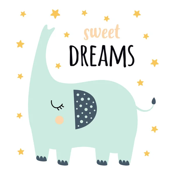 Colore Vettoriale Simpatico Illustrazione Elefante Carino Iscrizione Dolci Sogni Stile — Vettoriale Stock