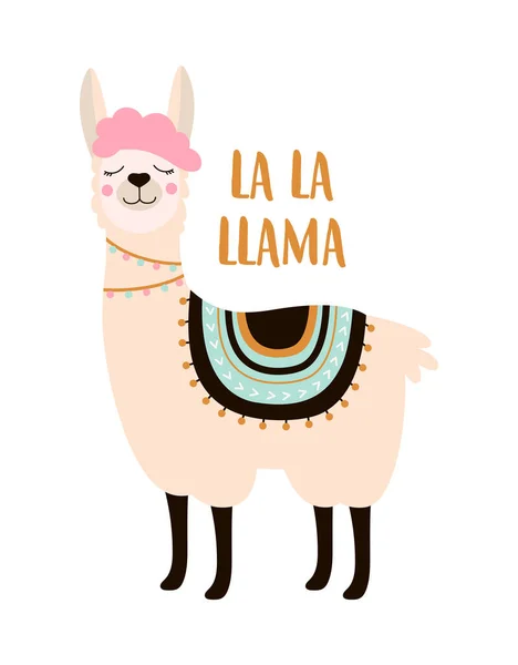 Ilustração Vetorial Bonito Engraçado Rosa Llama Animal Adorável Com Letras — Vetor de Stock