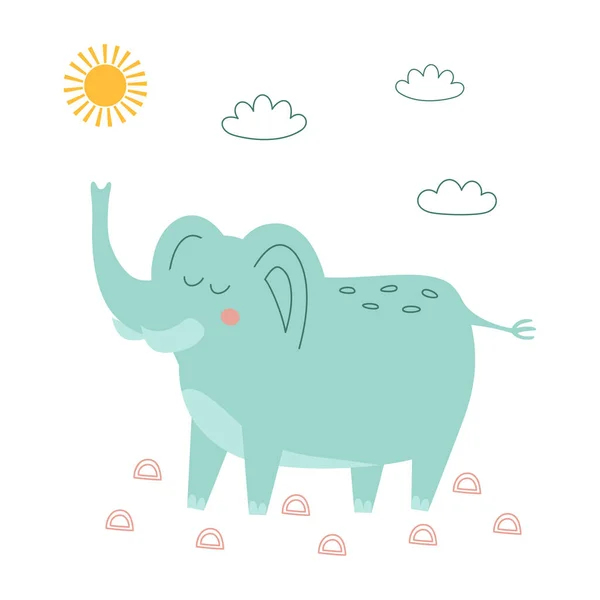 Carta Con Simpatico Elefante Blu Sole Nuvole Stile Scandinavo Isolato — Vettoriale Stock