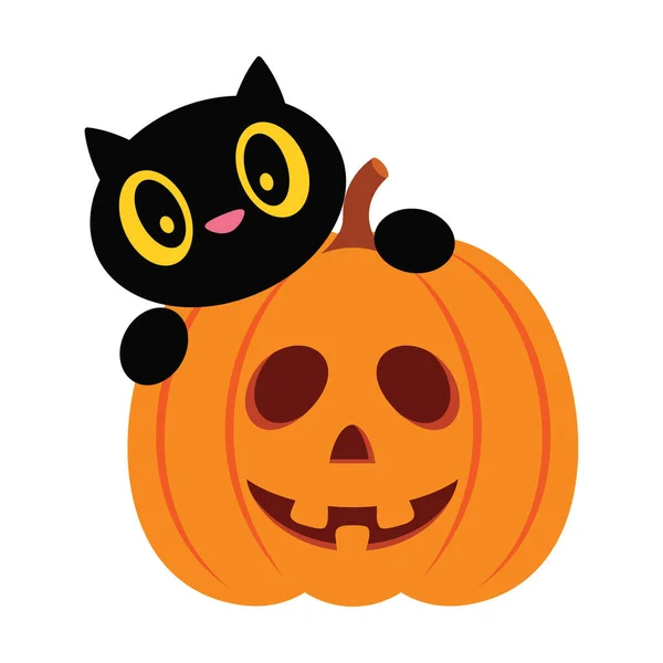 Lindo Gato Negro Detrás Calabaza Aislado Sobre Fondo Blanco Vector — Archivo Imágenes Vectoriales