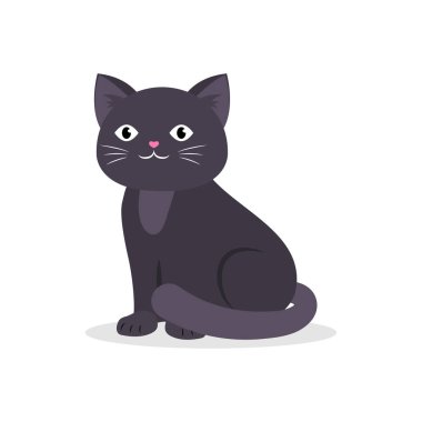 Siyah şirin kedi oturuyor. Beyaz arkaplanda izole edilmiş vektör illüstrasyonu.