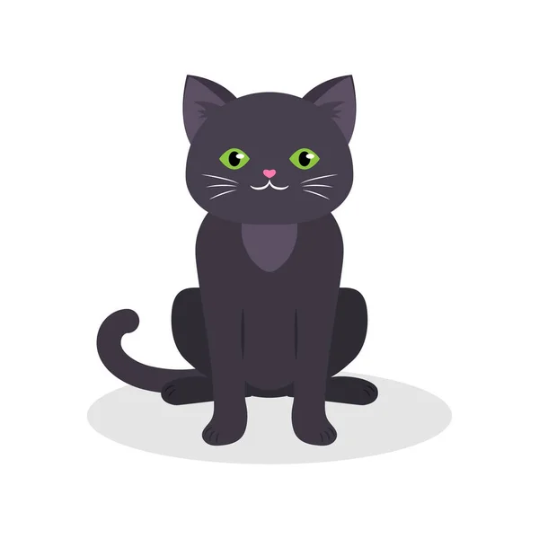 Zwarte Schattige Kat Met Groene Ogen Zittend Vector Illustratie Geïsoleerd — Stockvector