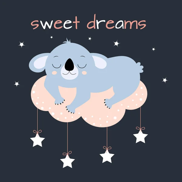 可爱的考拉睡在被黑暗的背景和明亮的星星隔开的云彩上 可爱的卡卡适用于任何设计 — 图库矢量图片