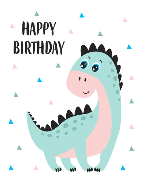 可爱的恐龙矢量为孩子们打印 快乐的生日卡片与卡通恐龙和字母隔离在白色 矢量插图 — 图库矢量图片
