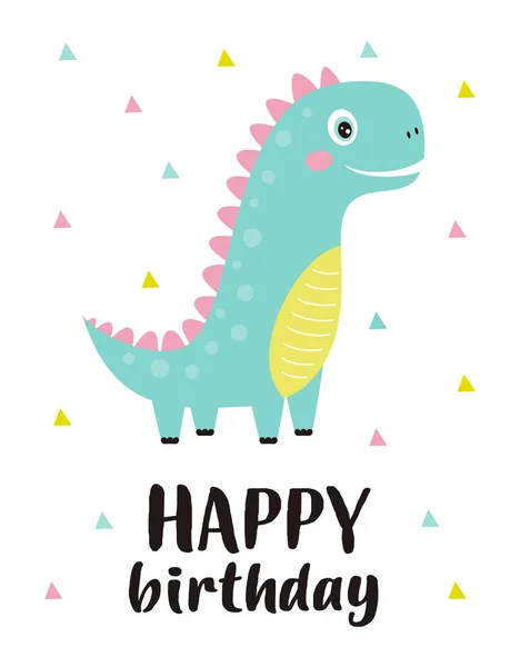 Cartão Aniversário Com Dinossauro Bonito Letras Isoladas Fundo Branco Ilustração —  Vetores de Stock