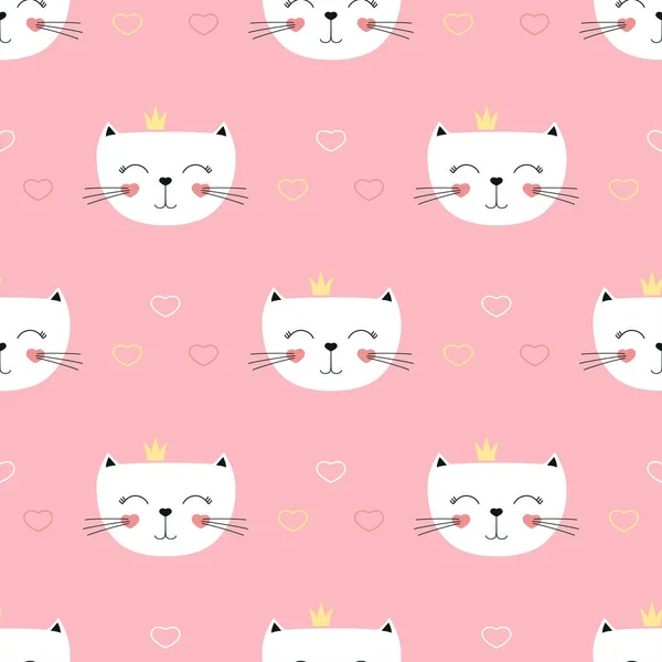 Cute Little Cat Princess Seamless Pattern Isolated Pink Background Vector — Stock Vector