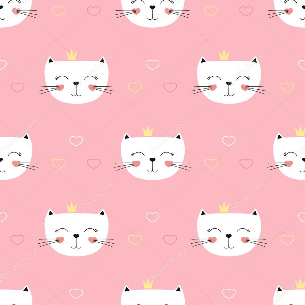 cute little cat princess seamless pattern isolated on pink background, vector illustration