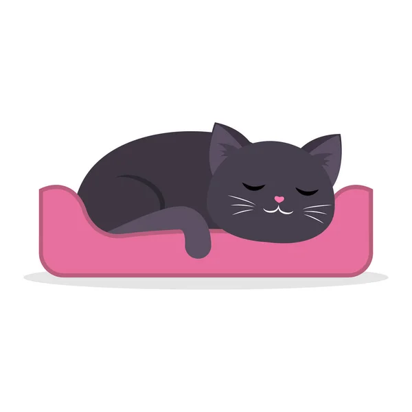 Preto Bonito Gato Dormindo Enrolado Uma Bola Estilo Dos Desenhos — Vetor de Stock