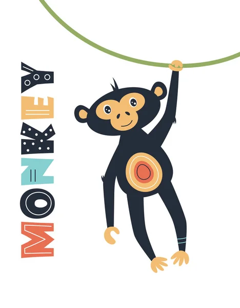 Sarmaşıkta Asılı Şirin Maymunun Vektör Çizimi Beyaz Arka Planda Izole — Stok Vektör