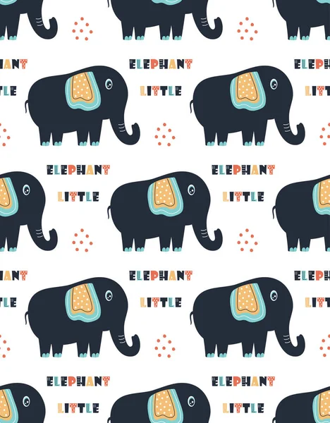 vector colored childish seamless pattern with cute animals and lettering little elephants in scandinavian style isolated on white background, cute baby elephants, pattern for kids