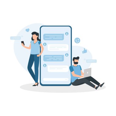 Sohbet. Sosyal ağlarda erkek ve kadın sohbeti dizüstü bilgisayar ve telefon kullanarak mesajlar gönderir. İnternet teknolojileri. Vektör illüstrasyonu.