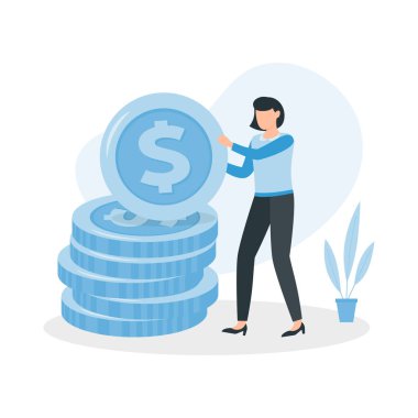 Kadın büyük bir madeni paranın yanında duruyor. Para kazanmak, biriktirmek ve yatırım yapmak. Ekonomi ve finans gelir yatırımı. Zenginlik ve finansal başarı. Vektör illüstrasyonu.