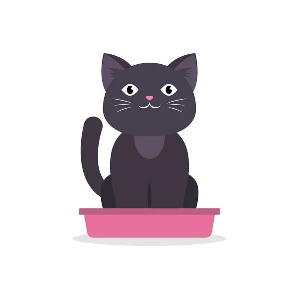 Black cat sitting in litter box, isolated on white. Vector illustration. — Stock Illustration Black Cat Sitting Litter Box Isolated White Vector Illustration Royalty Free Stock Illustrations