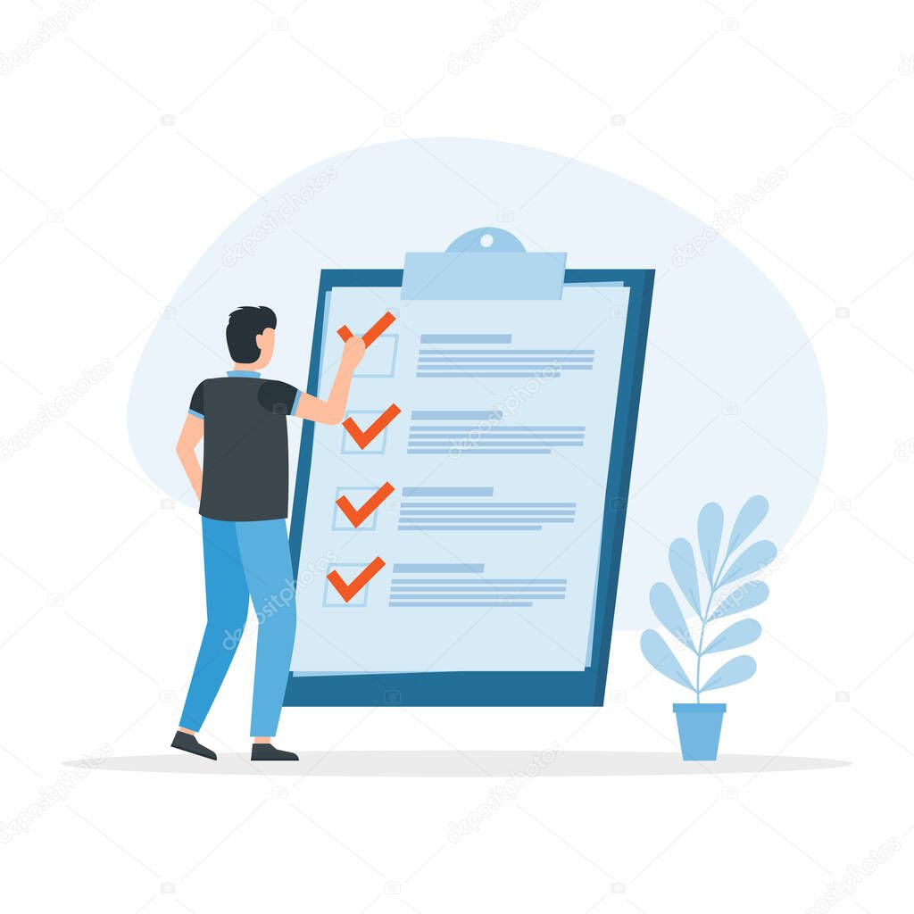 Check list with tick mark, man with questionnaire. Successful completion of business tasks. Vector illustration