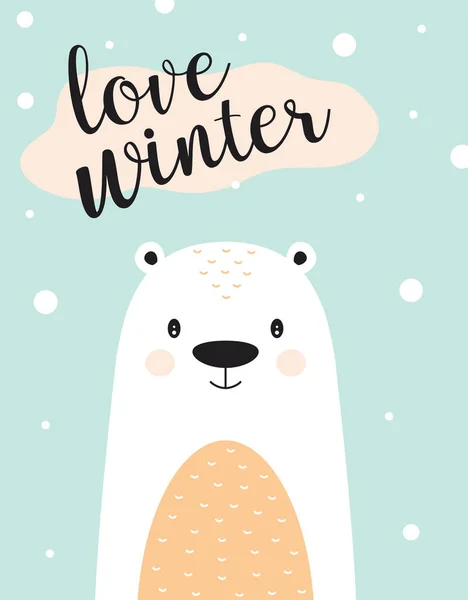 Tarjeta Invierno Con Blanco Oso Polar Letras Amor Invierno Ilustración — Vector de stock