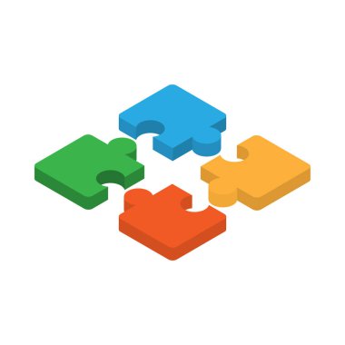 Bulmaca izometrik simgesi. Takım çalışması, işbirliği, lider ve çözüm konsepti. Beyaz arkaplanda izole edilmiş vektör illüstrasyonu.