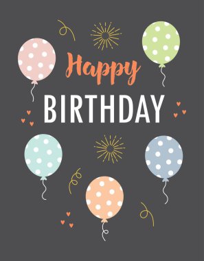 Hava topları ve harflerle dolu bir tebrik kartı siyah arka planda izole edilmiş mutlu yıllar, vektör illüstrasyonu, düz tasarım