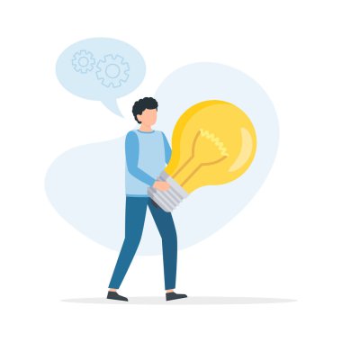 Adam büyük bir ampul tutuyor. İyi fikirler, beyin fırtınası, yenilik, yaratıcı düşünce. Vektör illüstrasyonu.