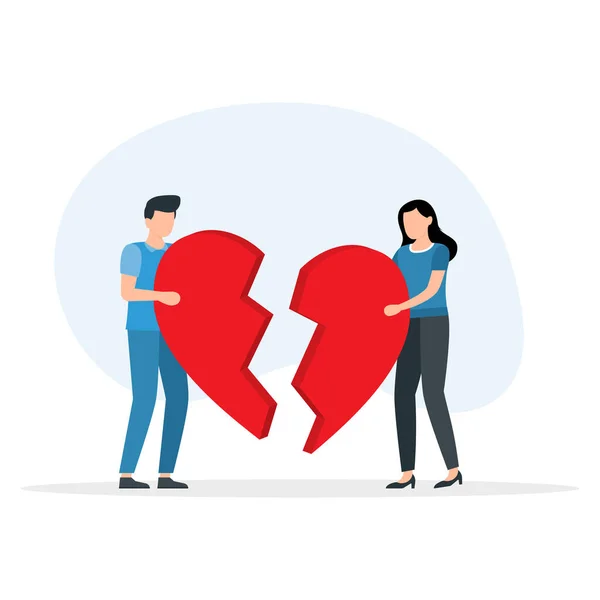 Sad Man Woman Holding Broken Heart Pieces End Unhappy Relations — Stock Vector