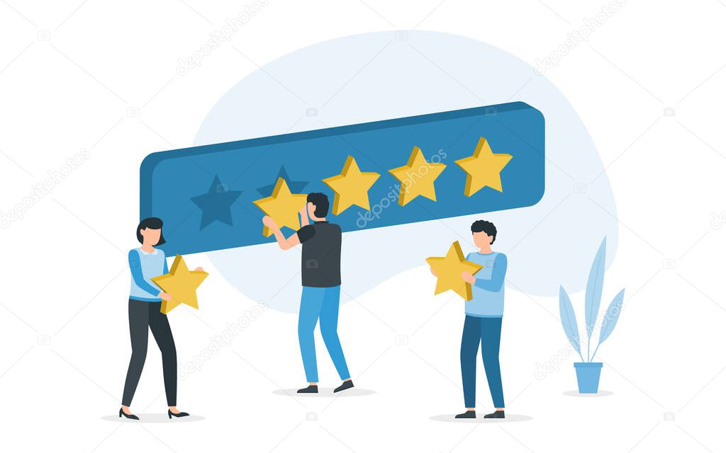 People are holding stars, giving five star Feedback. Different people give feedback ratings and reviews. Customers evaluating a product, service. Vector Illustration.