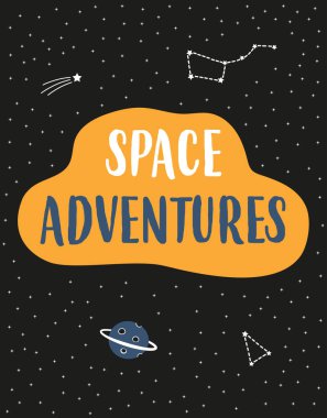 Kozmik elementler, gezegen, yıldızlar, galaksi, takımyıldız ve harf uzay maceraları ile vektör uzayı çizimi, çocuksu arka plan